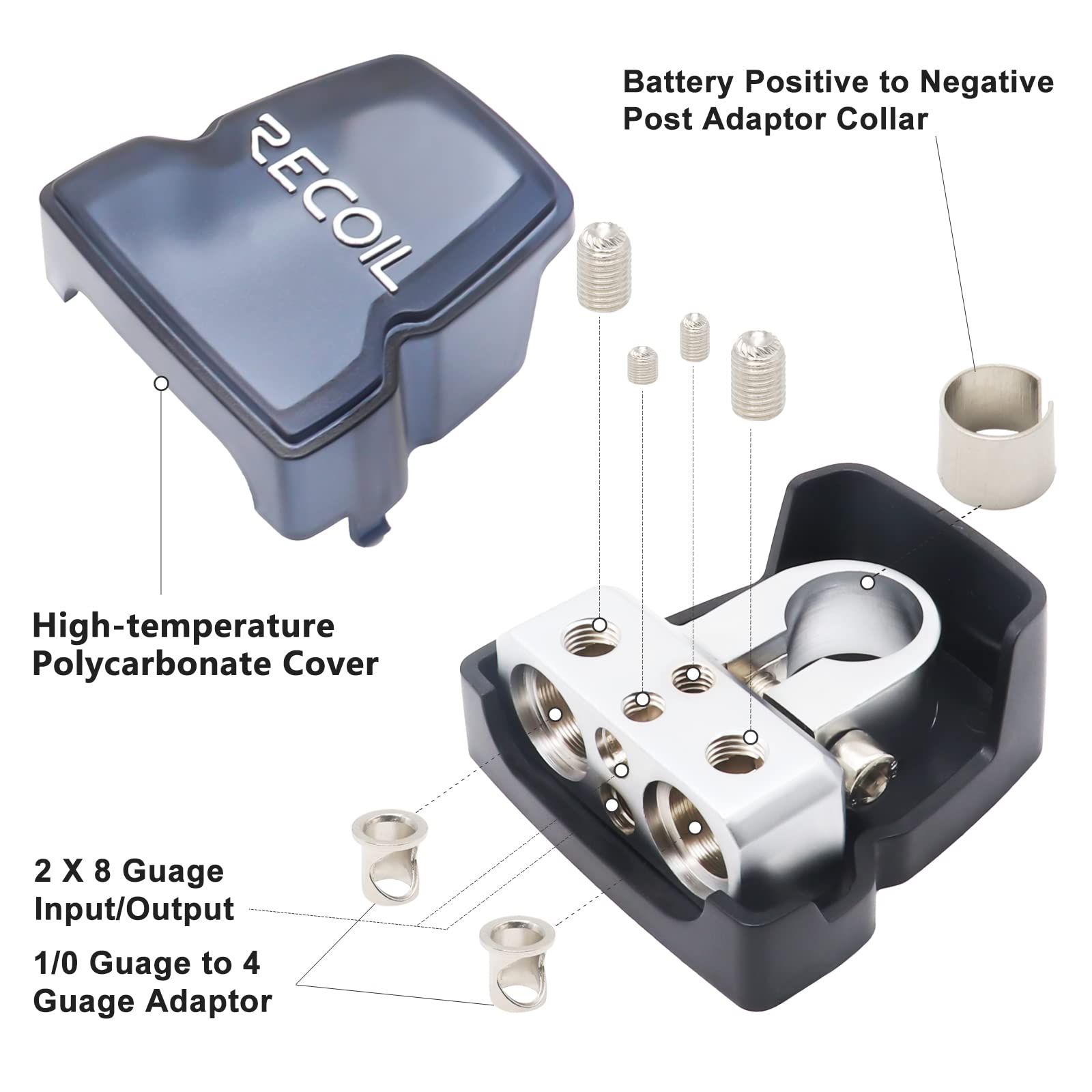 Recoil Pbt-D08 2 Pack Premium Solid Brass Positive Negative Battery Terminals Clamps With Two 0/2/4 Gauge Outputs And Two 8 Gaug