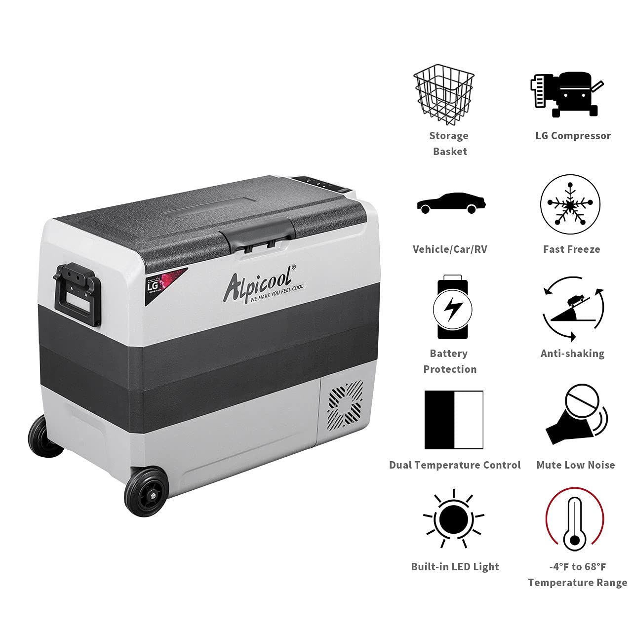 Alpicool LGT60 63QT Dual Temp 12V Refrigerator Freezer for Truck RV Boat Camping