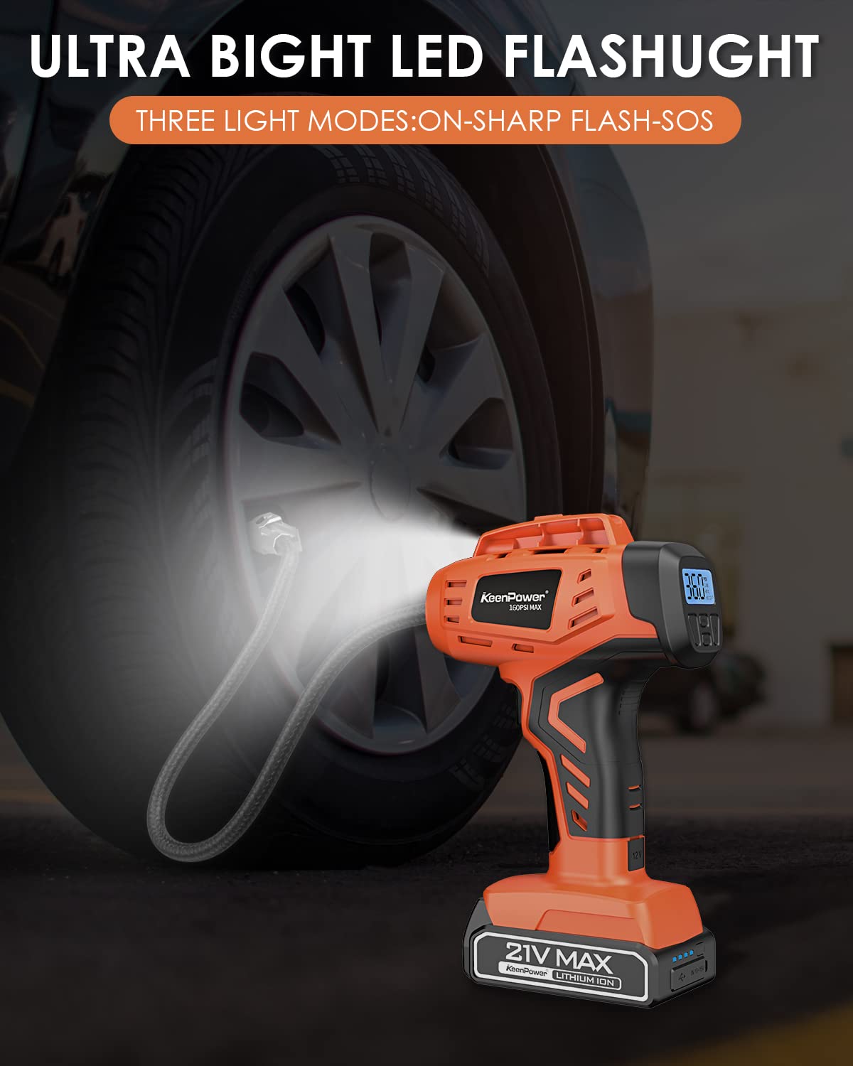 Keenpower Tire Inflator Air Compressor, 21V Cordless Car Tire Pump With Rechargeable Li-Ion Battery, 12V Car Power Adapter, Digi