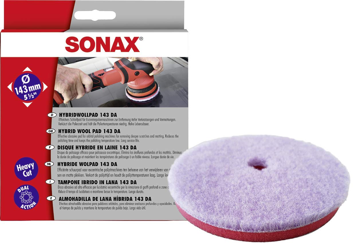 Sonax Hybrid Wool Pad 143mm / 5.5in (493800), Dual Action (DA) Cutting Pad, Fits 5 in Backing Plate, Synthetic Wool Fibers Place