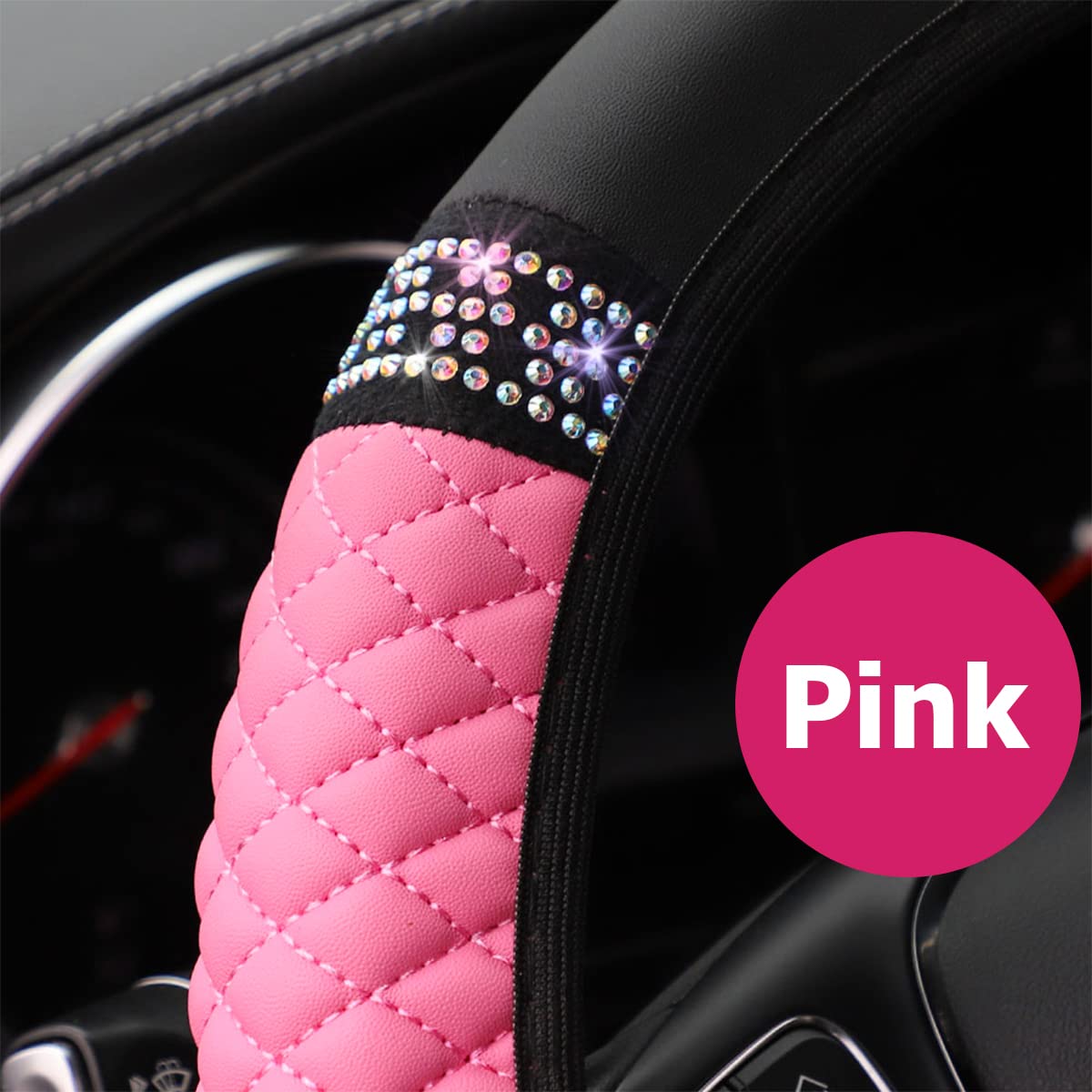 Bling Leather Steering Wheel Cover, Colorful Rhinestones Elastic Steering Wheel Protector, Pu Soft Leather With Crystal Diamond, Sparkling Car Accessories For Most Cars (Pink)