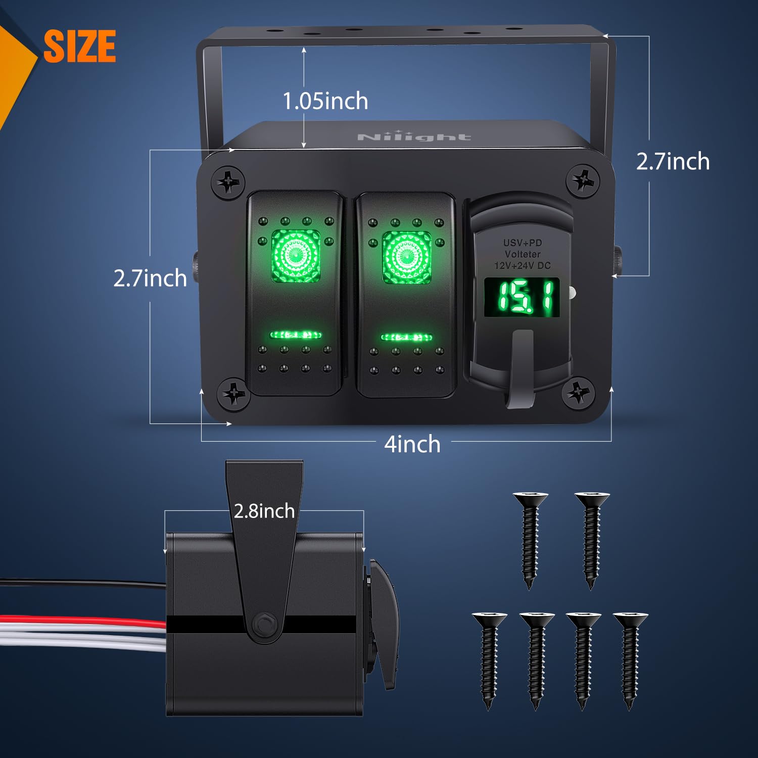 Nilight 2 Gang Rocker Switch Box 12V Spst On Off Toggle Switches Pd Type C And Qc 3.0 Usb Charger Voltmeter Led Light Waterproof