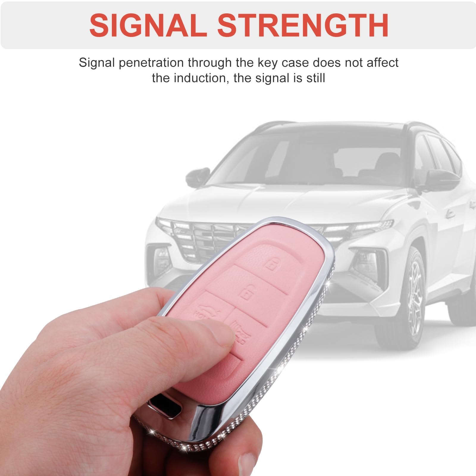Ruabiban For Hyundai Key Fob Cover With Keychain, Pink Genuine Leather Crystal Key Case Protection Shell Compatible With 2019 20