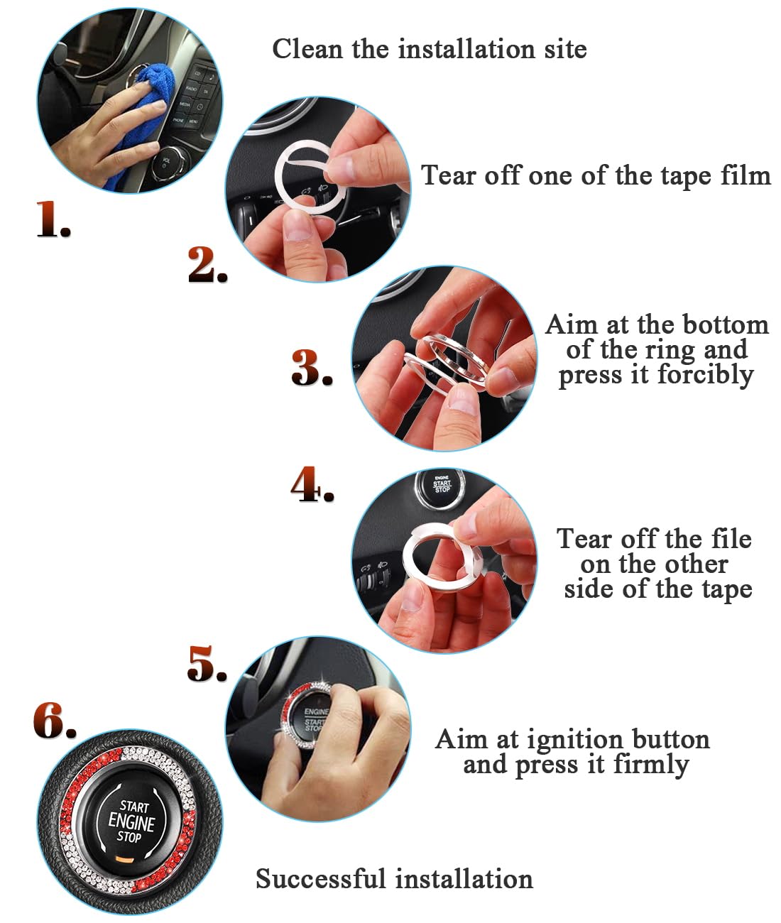 Tobequeen White And Red Bling Push To Start Button Ring Emblem Sticker, Crystal Diamond Rhinestone Start Buttone Cover Car Decor