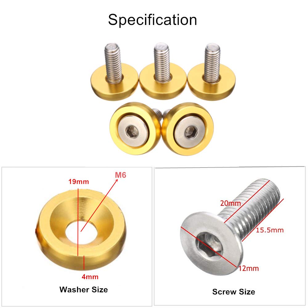 Ouhl 20Pcs Aluminum Bumper Fender Washer M6 T6 Grade Cnc Billet Engine Bay Dress Up Kit (Gold)