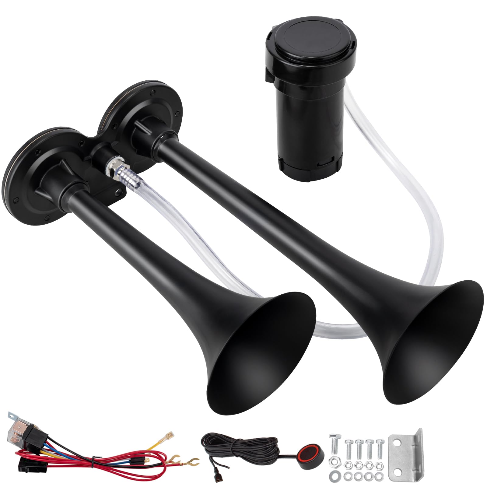 AOLIHAN Black Train Horn for Car, Loud Car Horns, Air Horn for Truck/Car/Motorcycle, 12V 150dB Super Loud Dual Trumpet Air Horns
