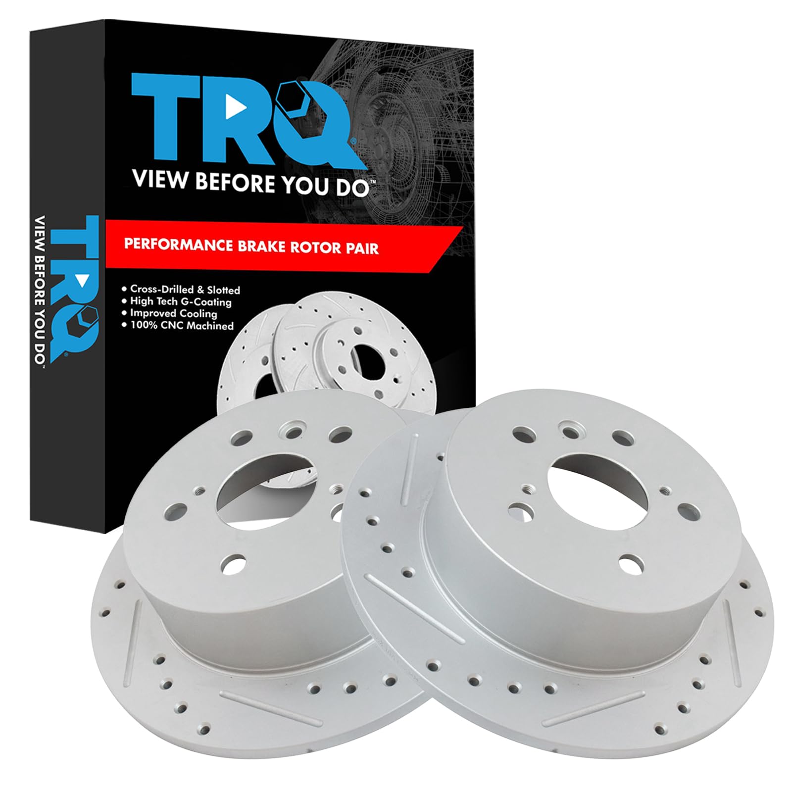 Trq Rear Performance Brake Rotors Set Solid Premium G-Coated Cross Drilled & Slotted Compatible With 2013-2018 Lexus Es300H Es35