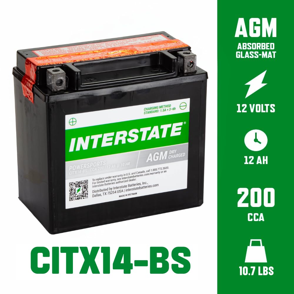 Interstate Batteries Ytx14-Bs 12V 12Ah Powersports Battery 200Cca Agm Rechargeable Replacement For Motorcycles, Atvs, Utvs, Scoo
