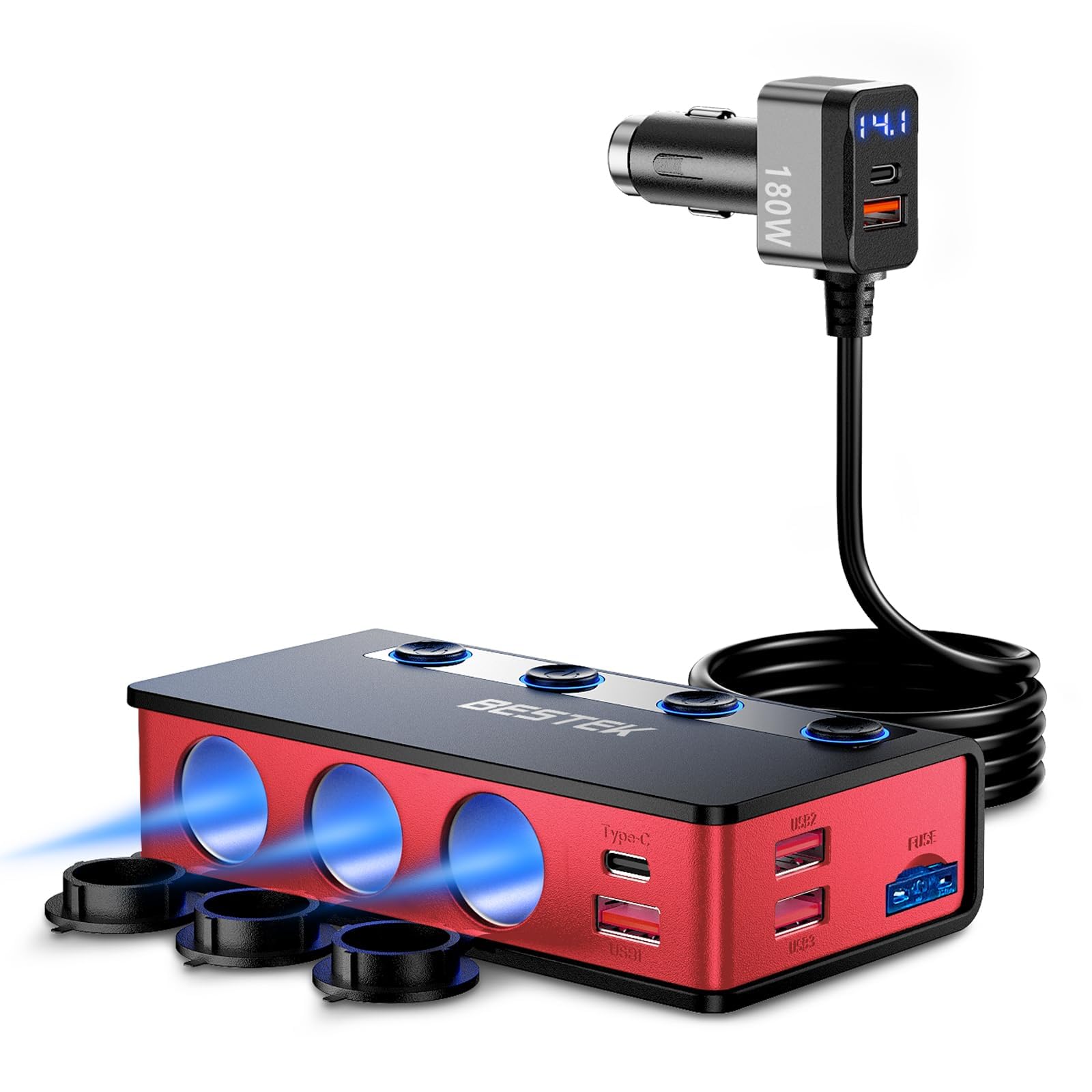Bestek Cigarette Lighter Splitter Adapter: 9In1 Car Charger 180W 3-Socket Pd 65W And Qc3.0 18W Charging Ports Led Display Super 