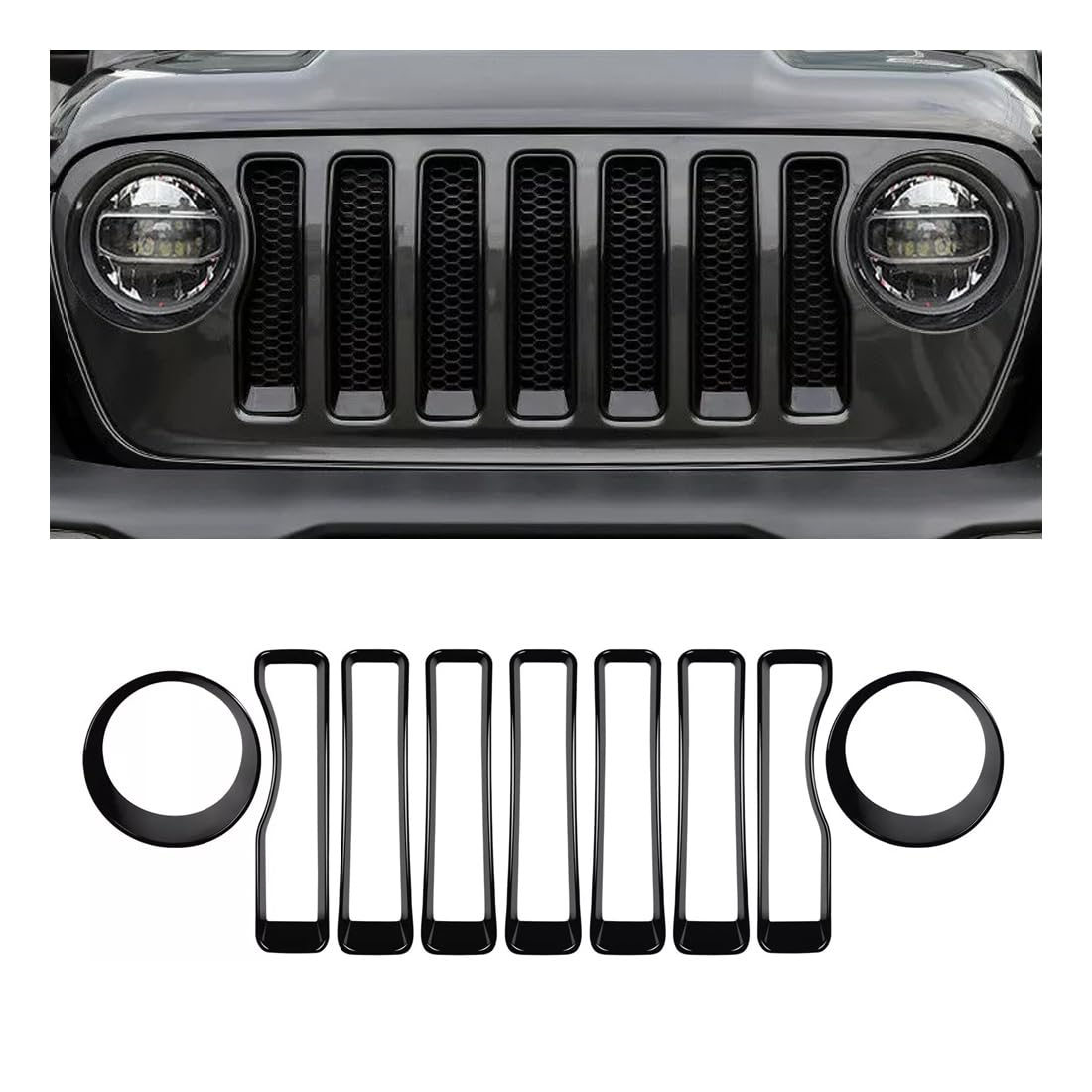 MAXDOM Grille Inserts Headlight Covers Set Fits for (2018-2023) Wrangler JL and Gladiator JT partial models Part#6KM37MRCAA (Bla