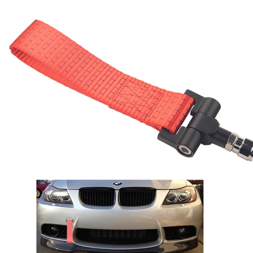 Dewhel Track Racing Style Tow Hook W/Red Towing Strap Front Rear Bumper Screw On Compatible With Bmw 1 3 5 Series X5 X6 E36 E39