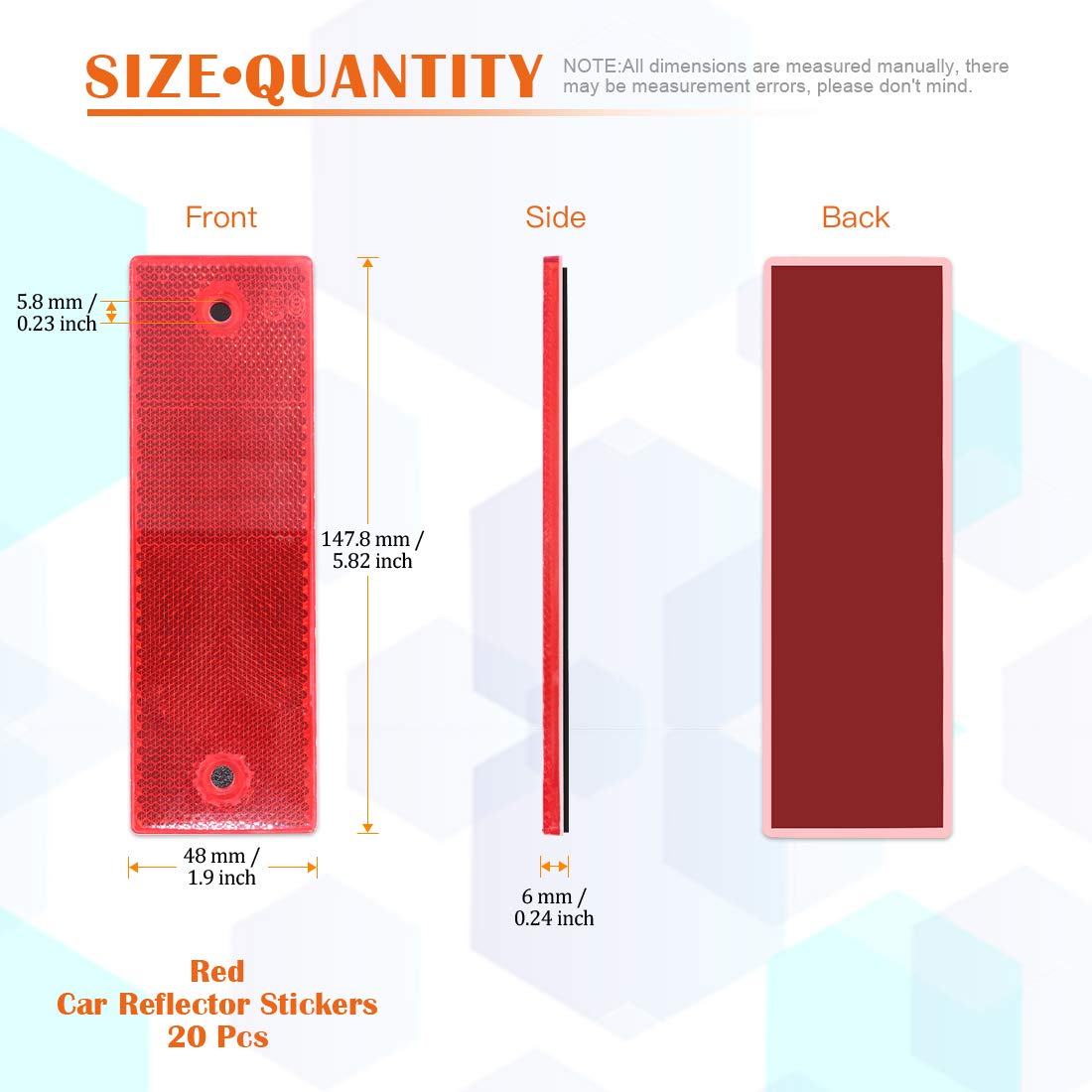 Rustark 20 Pcs Red Plastic Rectangular Stick-On Car Reflector Sticker Waterproof Reflector Tape Self-Adhesive Conspicuity Safety