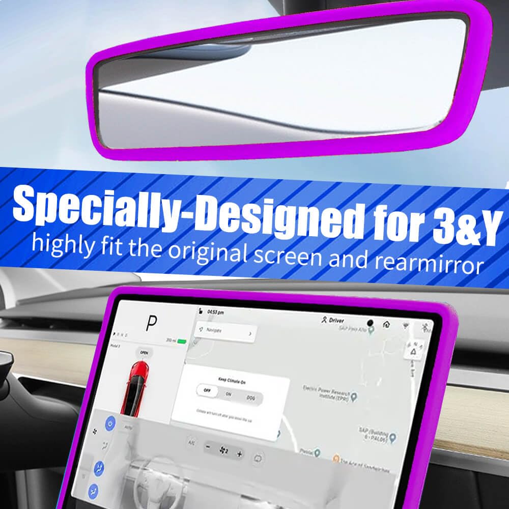 Yeapop 2Pcs Silicone Protector Frames of Screen and Rear View Mirror for Tesla Model 3 2017-2023 and Model Y 2019-Feb.2025. (Pur