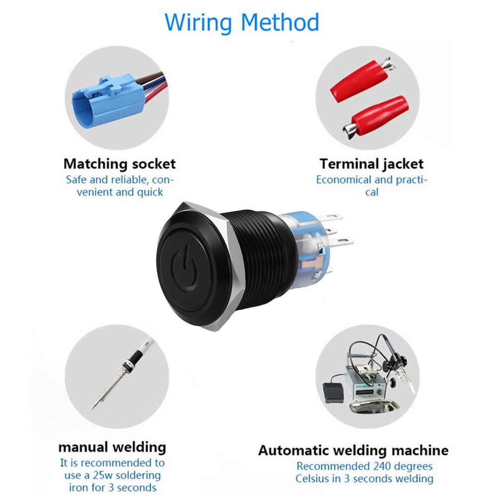 Quentacy 19Mm 3/4 Latching Push Button Switch 12V 48V Dc Led Power Symbol On-Off Waterproof Toggle Switch Stainless Steel Shell With Wire Connector Plug(Blue Light)