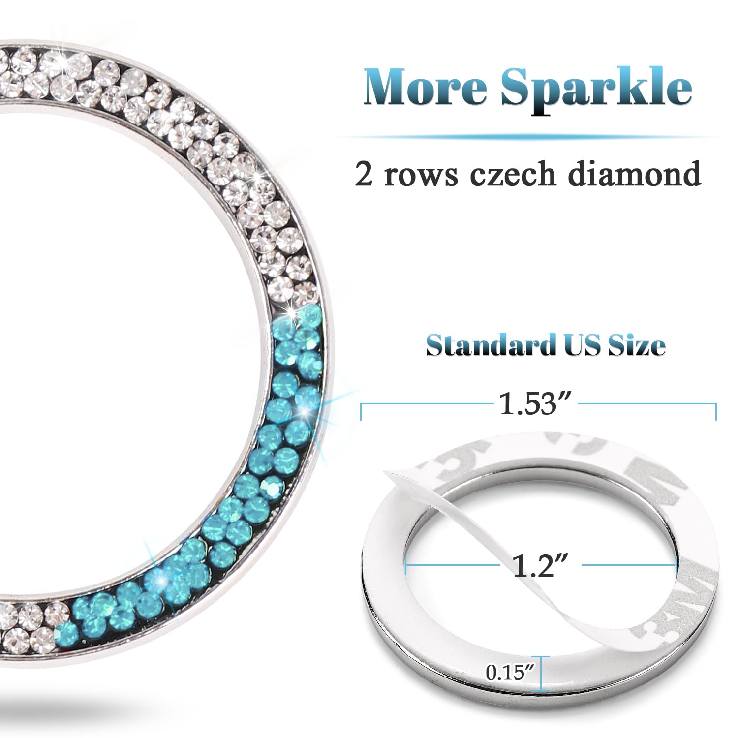 Tobequeen Teal Bling Push Start Button Cover Emblem Sticker, Crystal Diamond Rhinestone Blue Engine Start Ring Car Decor, White