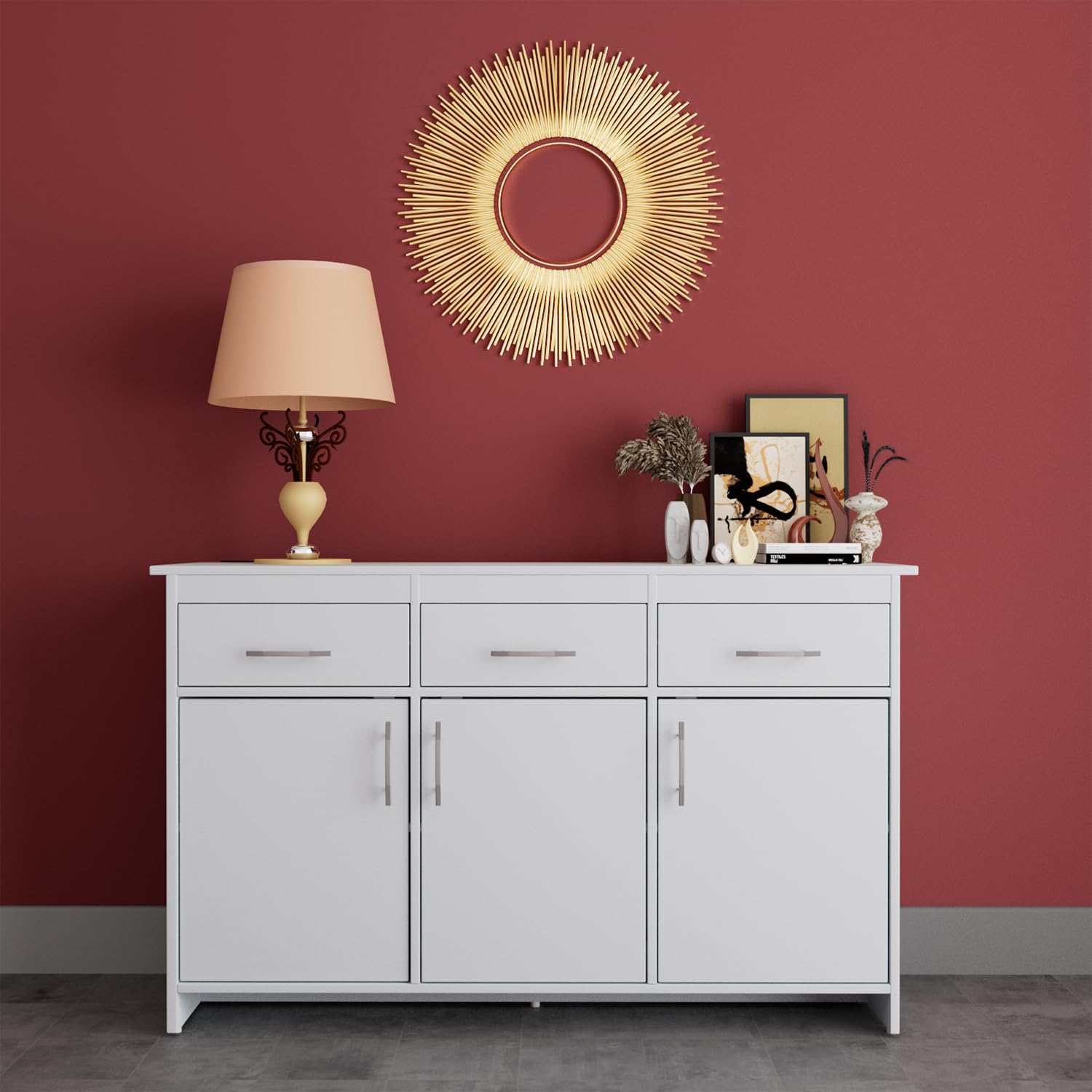 Hometown Albert 3Door Cabinet White | Modern Multipurpose Storage Unit With Steel Finish Handles | Engineered Wood Cabinet With