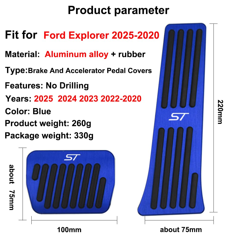 Hecotrax Aluminum Performance Pedals Set for Ford Explorer 2020-2026, Non-Slip Brake & Accelerator Covers, Blue