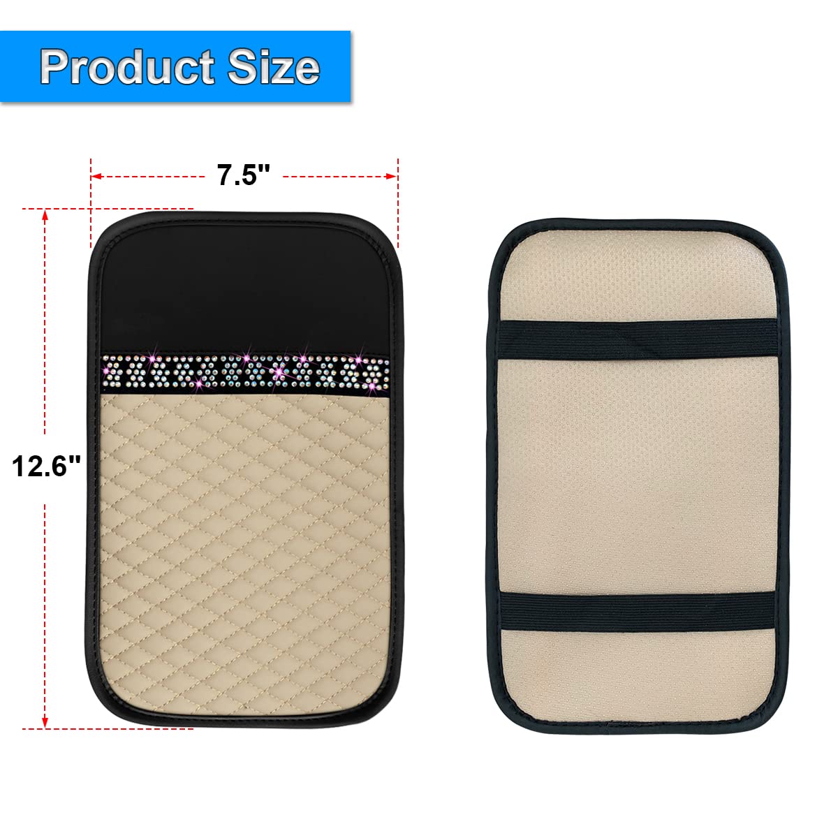 Bling Leather Car Center Console Cover, Car Center Console Protector With Glossy Crystal Rhinestone, Universal Waterproof Car Armrest Seat Box Cover For Most Car, Vehicles, Suvs, Trucks (Beige)