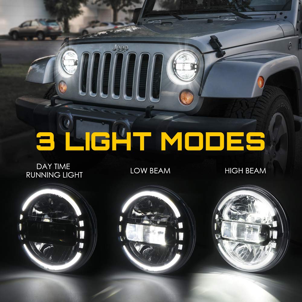 Xprite 7'' Led Round Headlights Compatible With 1997-2018 Jeep Wrangler Jk Jku Lj Cj Tj Hummer H1 H2, Halo Ring Headlamps Dot Ap