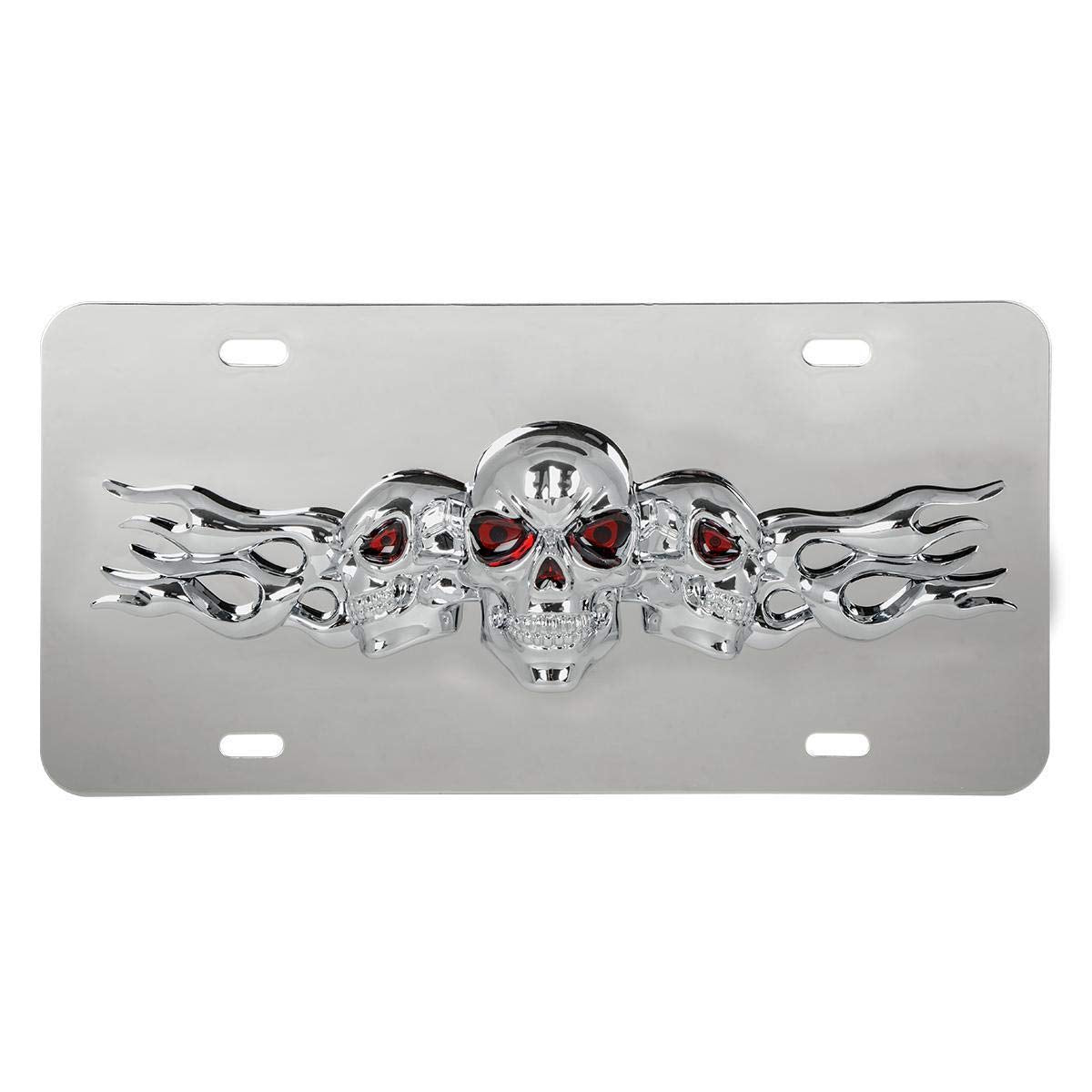 Gg Grand General 60288 Stainless Steel License Plate W/ 3D Small Skulls Emblem, 4 Holes, Chrome