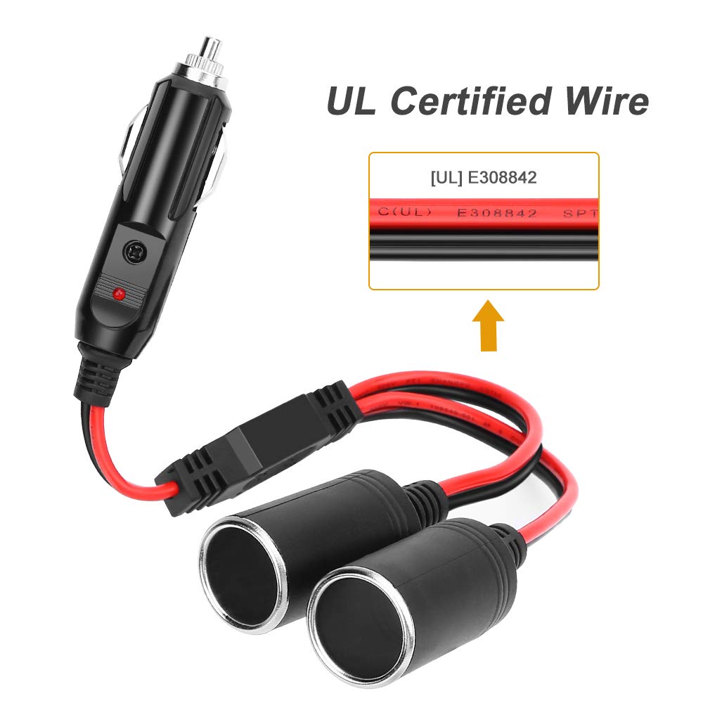 Electop 1 To 2 Car Cigarette Lighter Splitter Adapter Power Charger Port, 12V 24V Plug Socket 2-Way Splitter Y Adapter, 10 Inch