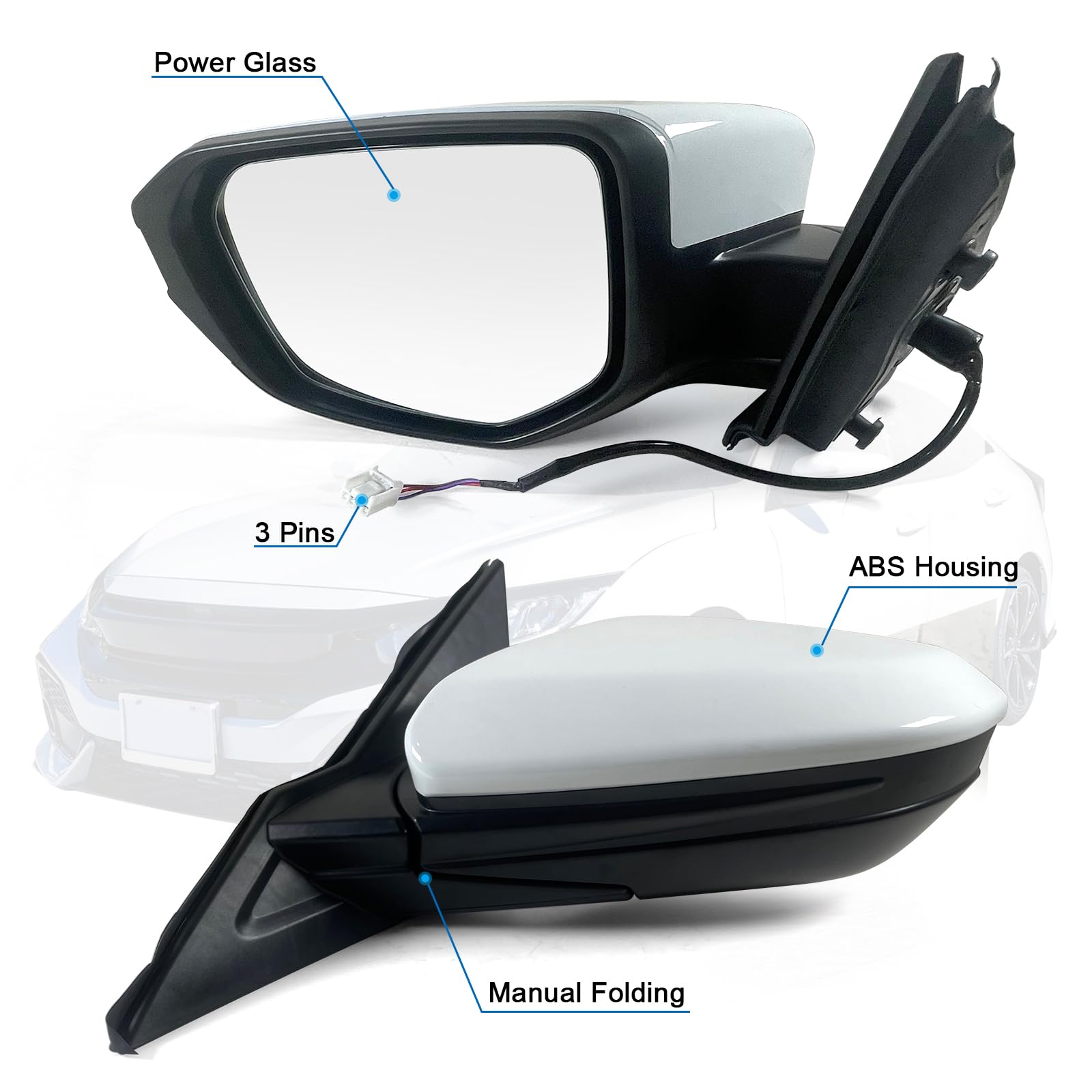 Lqito Left Driver Side Door Mirror For 2016-2021 HONDA CIVIC LX SE Sport with Power Mirror Manual Folding Non-Heat Match to Taff