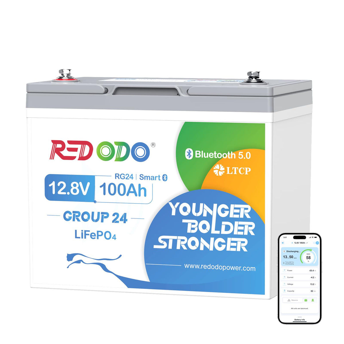 Redodo 100Ah LiFePO4 Battery Bluetooth, Low-Temp Protection BCI Group 24 Lithium Battery for Trolling Motor, Bulit-in 100A Smart