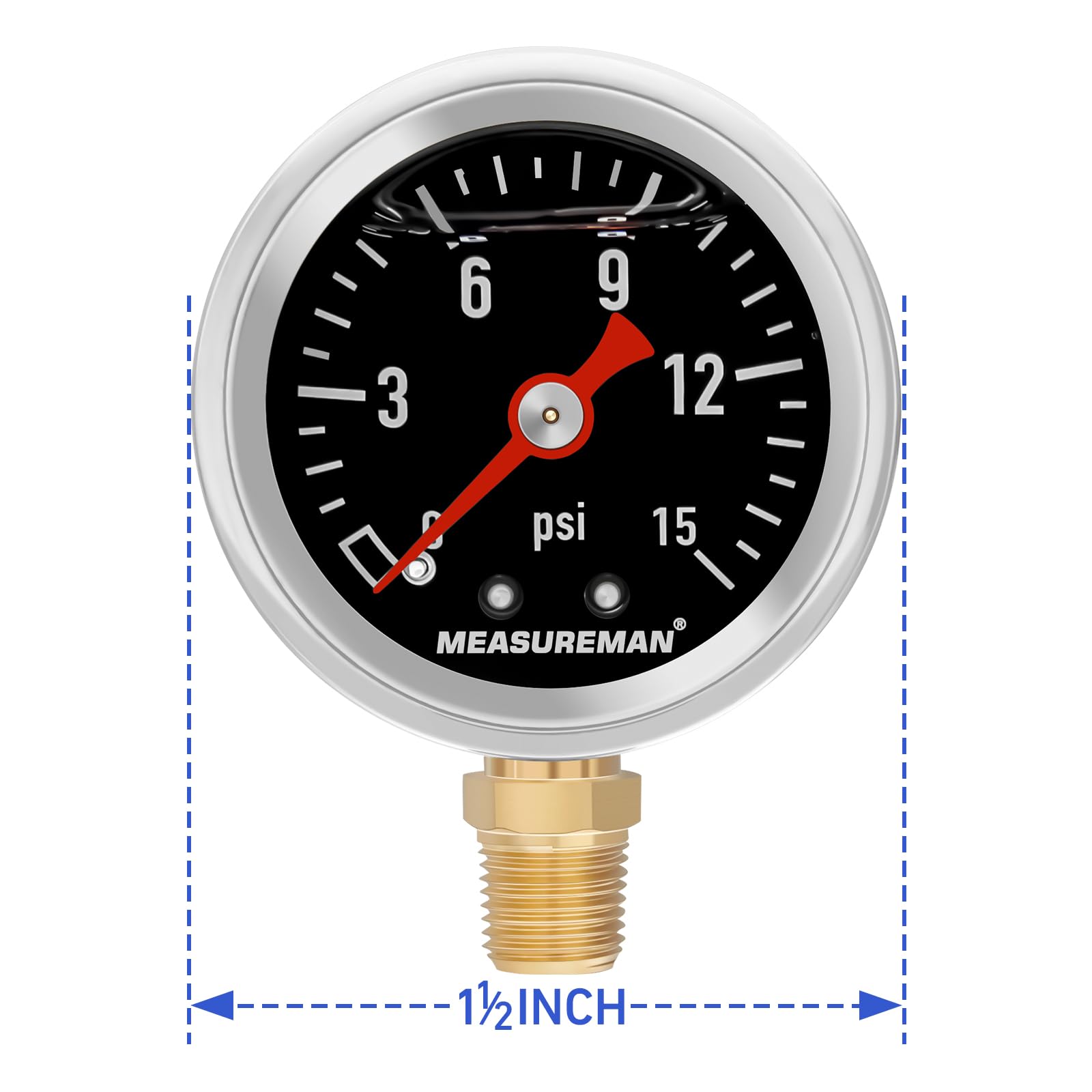 Measureman 1-1/2'' Dial Size Black Dial, Glycerin Filled Fuel Pressure Gauge, 304 Stainless Steel Case, 0-15Psi, -3-2-3%, 1/8''