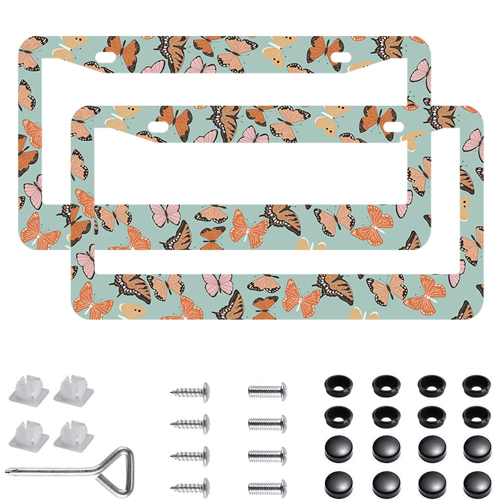 2Pcs Butterfly License Plate Frames Cover Holders Stainless Steel Butterfly License Plate Cover With Screw Caps Cover And Screwd