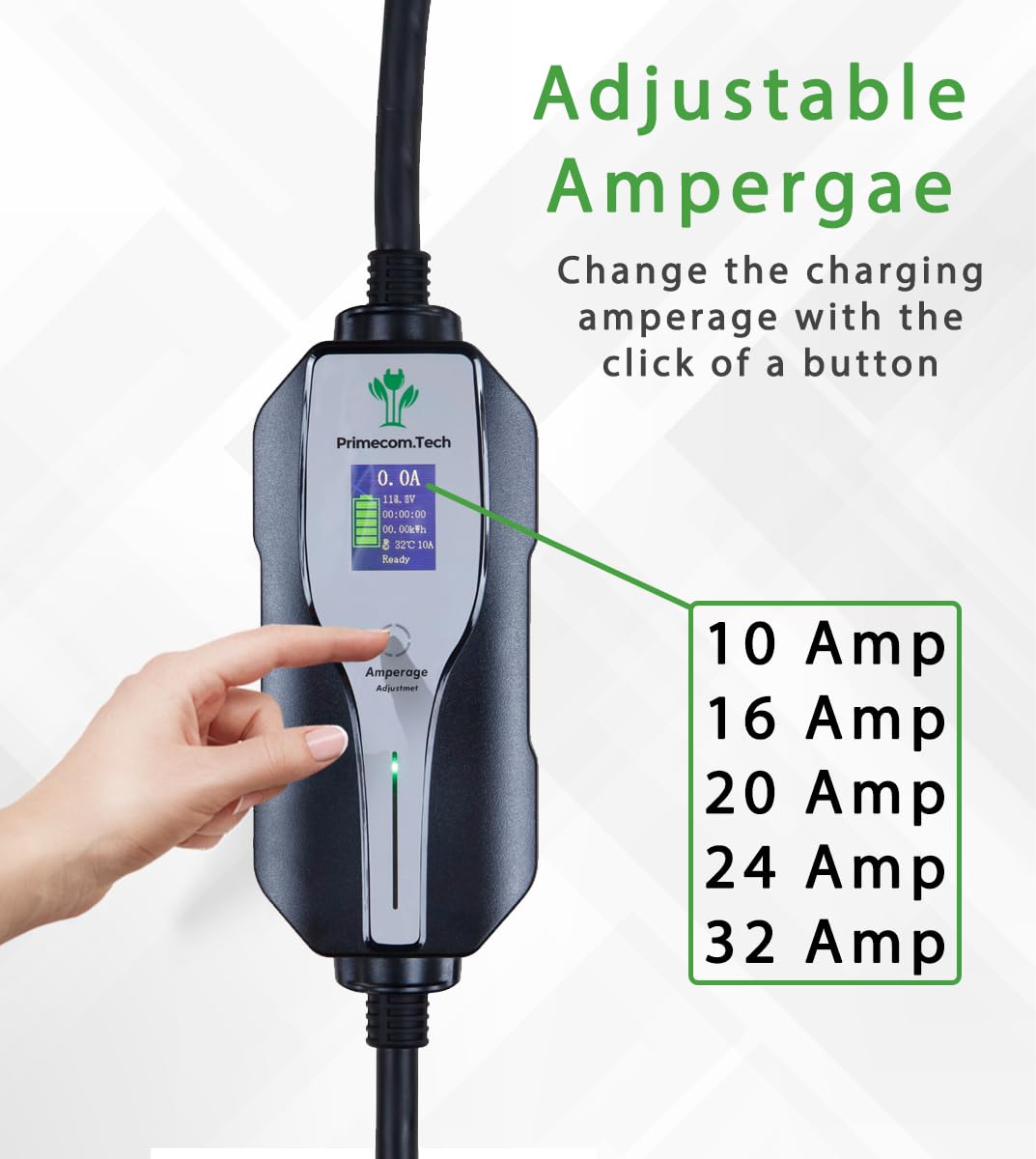 PRIMECOMTECH Level 2 Electric Vehicle (EV) Charger Amperage Adjustable (10Amp - 16Amp - 20Amp - 24Amp - 32Amp) 30Ft Cable EVSE P