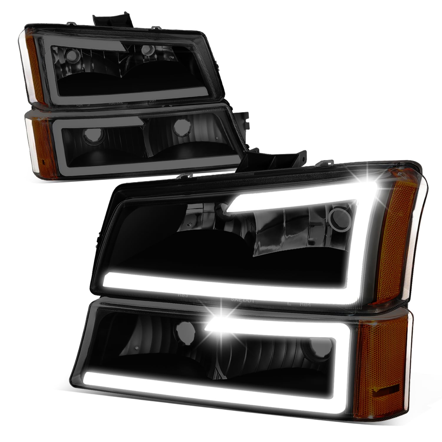 Auto Dynasty Headlight Assembly Halogen Headlamp With 3D Led Light Bar Compatible With Chevy Avalanche Silverado 1500-3500 2003-