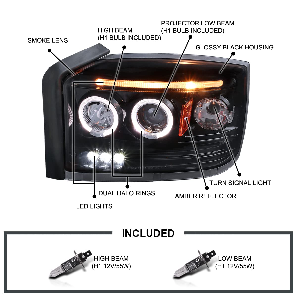 Spec-D Tuning Glossy Black Smoke Led Dual Halo Projector Headlights Compatible With 2005-2007 Dodge Dakota, Left + Right Pair Headlamps Assembly