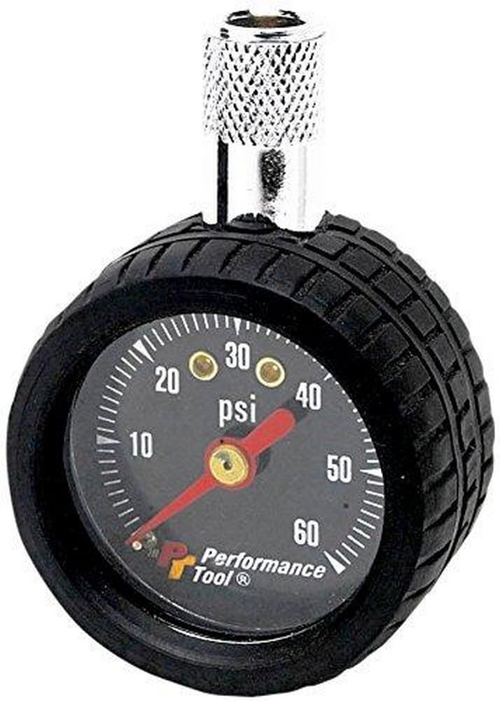 Performance Tool W1915 Tire Pressure Gauge - 1 To 60 Psi Range, Easy-To-Read Gauge With Black Face, Measures In One Pound Increm