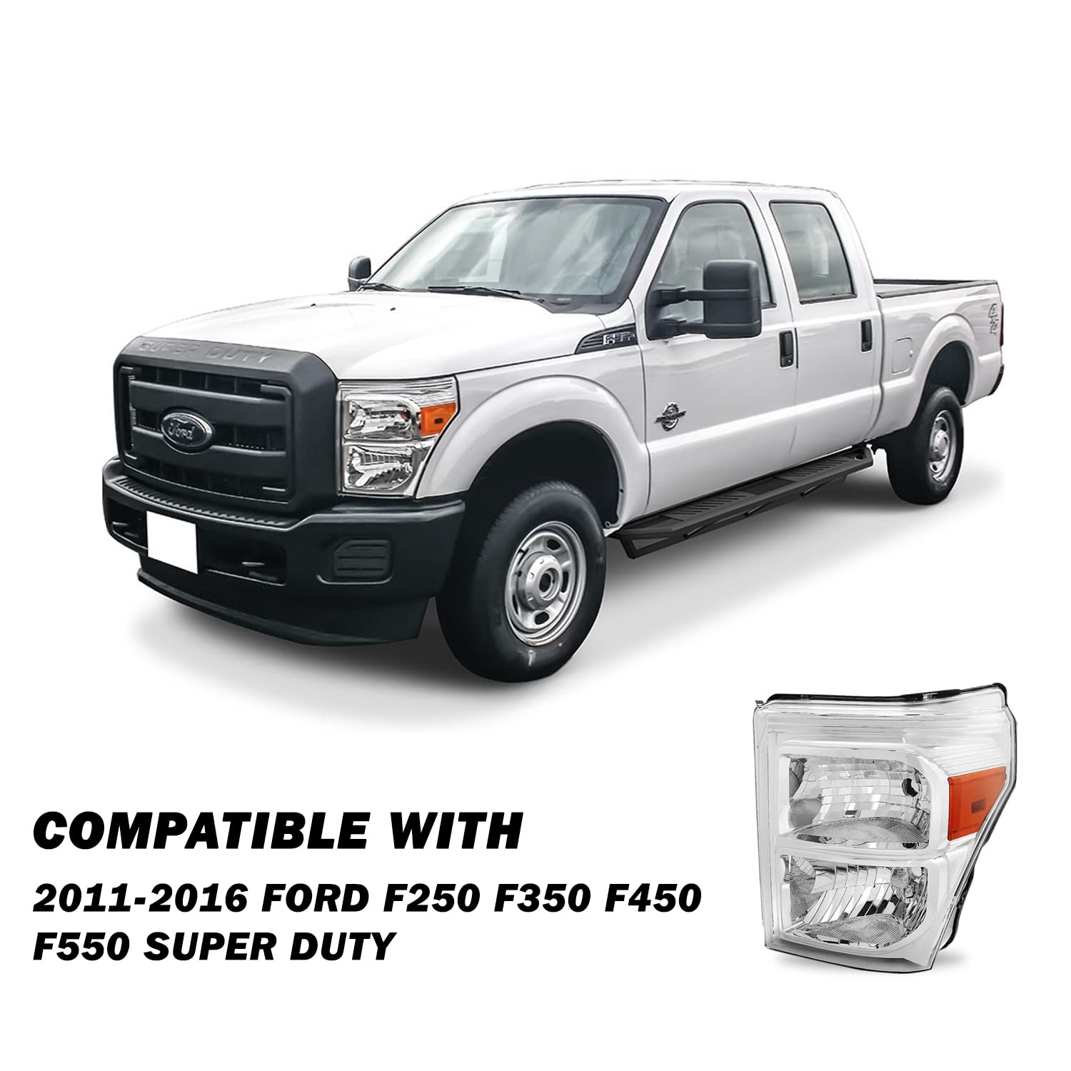 Sockir Headlight Assembly Set For 2011-2016 Ford F-250 F-350 F-450 F-550 Super Duty Passenger And Driver Side (Chrome Housing With Amber Reflector)