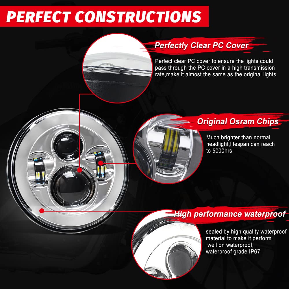 Tugwuetlwu 7'' Led Headlight 4.5'' Auxiliary Fog Lights Kit For Motorcycle Compatible With Harley Davidson Road King Electra Gli