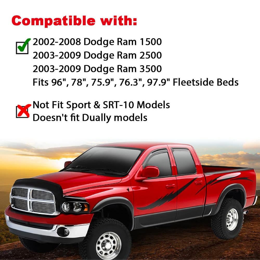 Pit66 Fender Flares, Compatible With 2002-2008 Dodge Ram 1500/2003-2009 Ram 2500 3500 (Do Not Fit Dually Models) Textured Factory Style Black Polypropylene Wheel Cover 55276209Ac