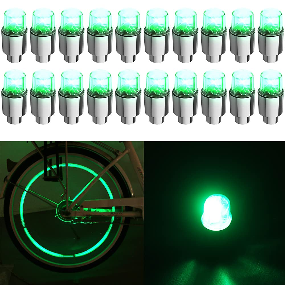 Jhmuern 20Pcs Car Tire Valve Light, Led Bike Wheel Lights, Tire Valve Caps Neon Light For Car Bike Motorcycle (Green)