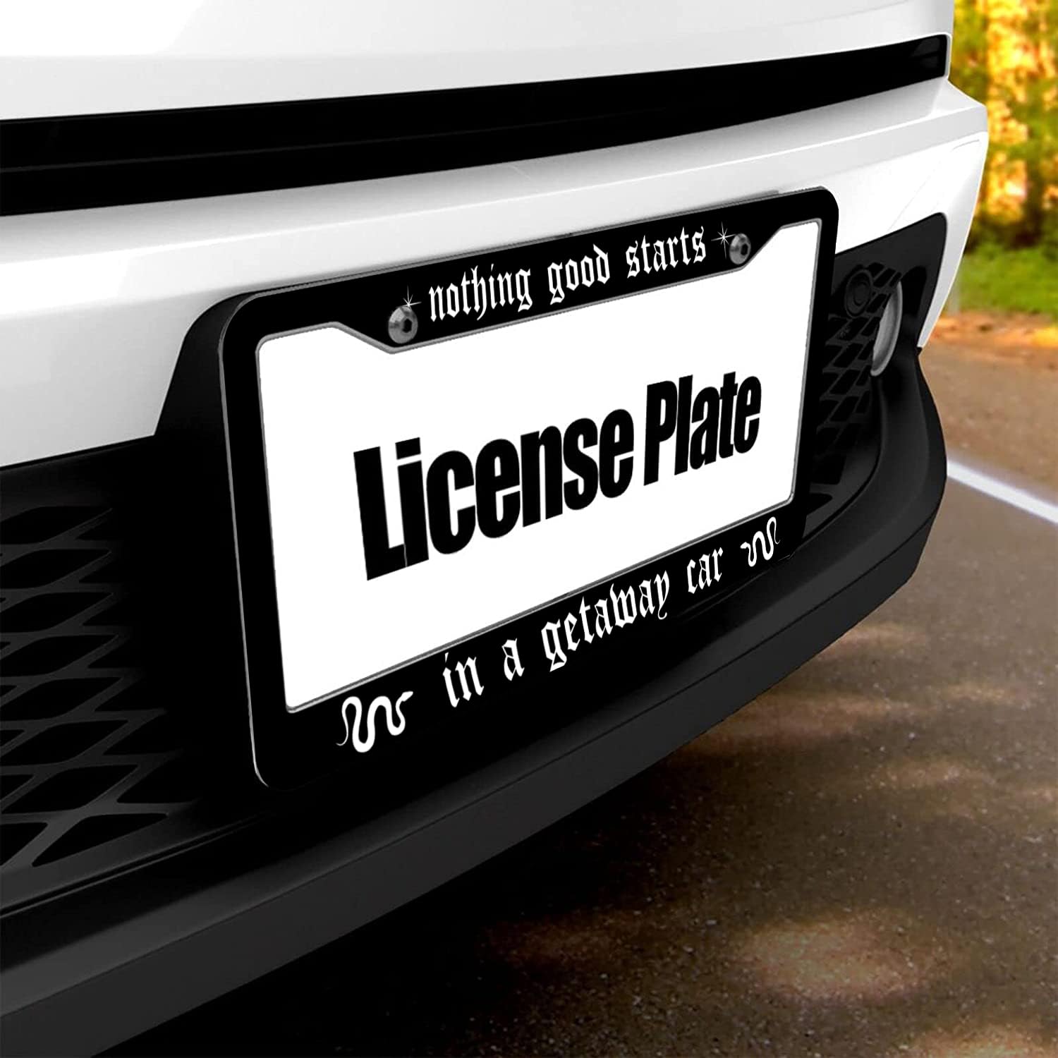 2Pcs Nothing Good Starts In A Getaway Car License Plate Frame Holder Car Tag Frame License Plate Auto Tags Cover 2 Holes Screws