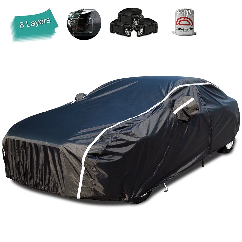 Waterproof Car Cover For Automobiles All Weather - Coverado Car Cover Heat Protection With Zipper Door, Cotton Backing Snowproof