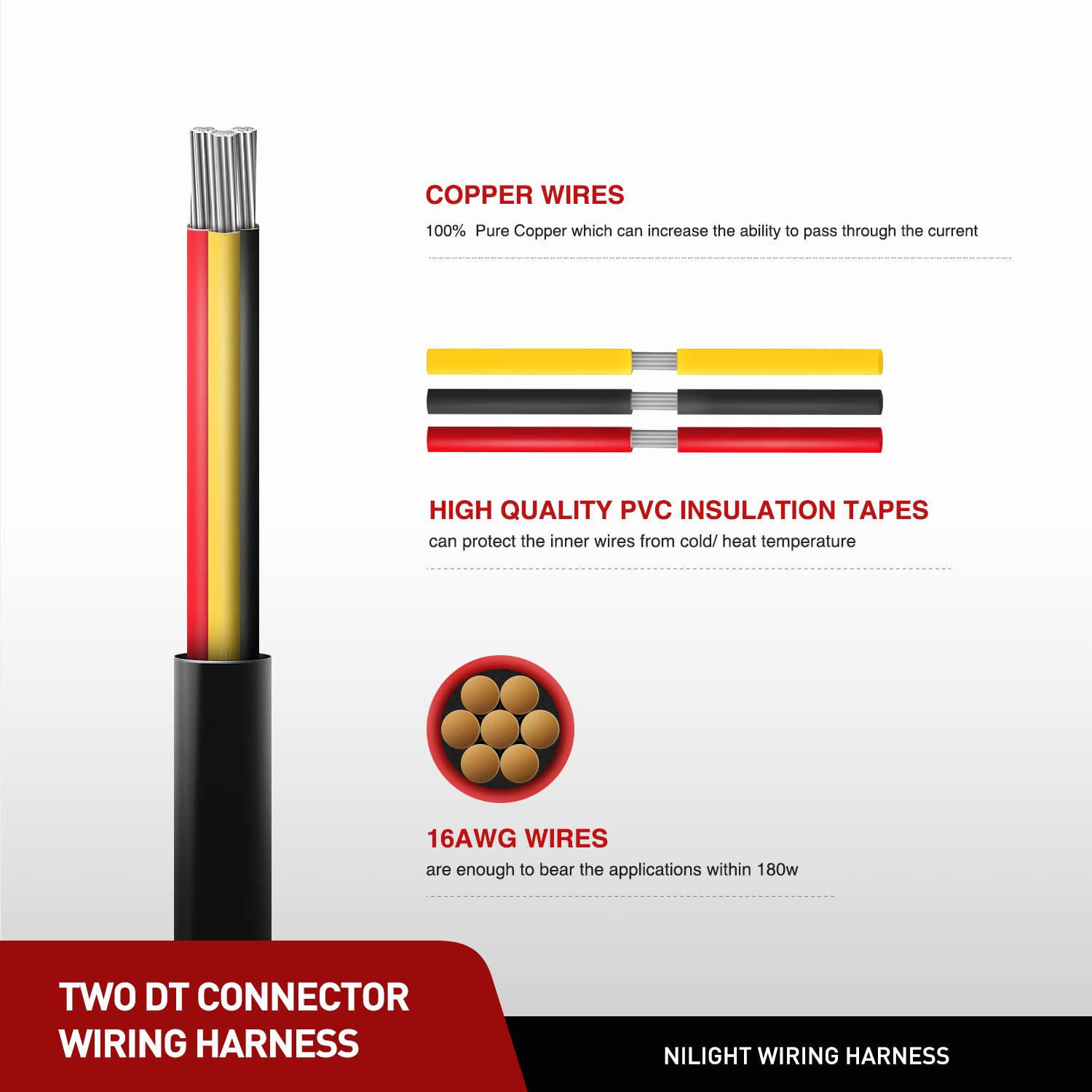 Nilight 2Pcs 16 Awg 10 Feet 3 Pin Dt Connector Wiring Harness Extension Kit Plug And Play For Dual Light Mode Off Road Led Pod L