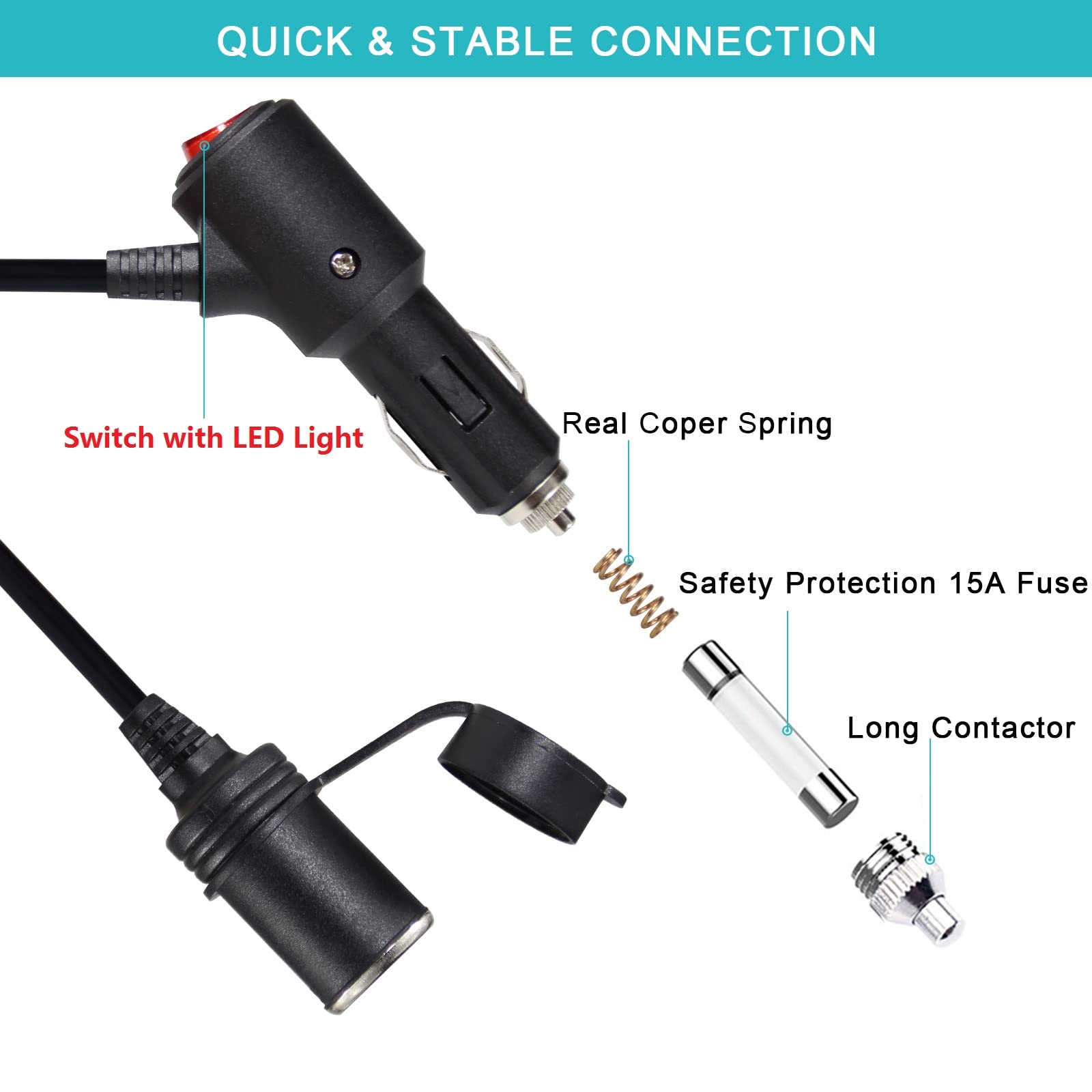 5Ft Cigarette Lighter Extension Cord With On Off Switch - Car Cigarette Lighter Male Plug To Female Socket 18Awg Heavy Duty Extension Cable With Switch Built-In 15A Fuse For Air Compressor Pump