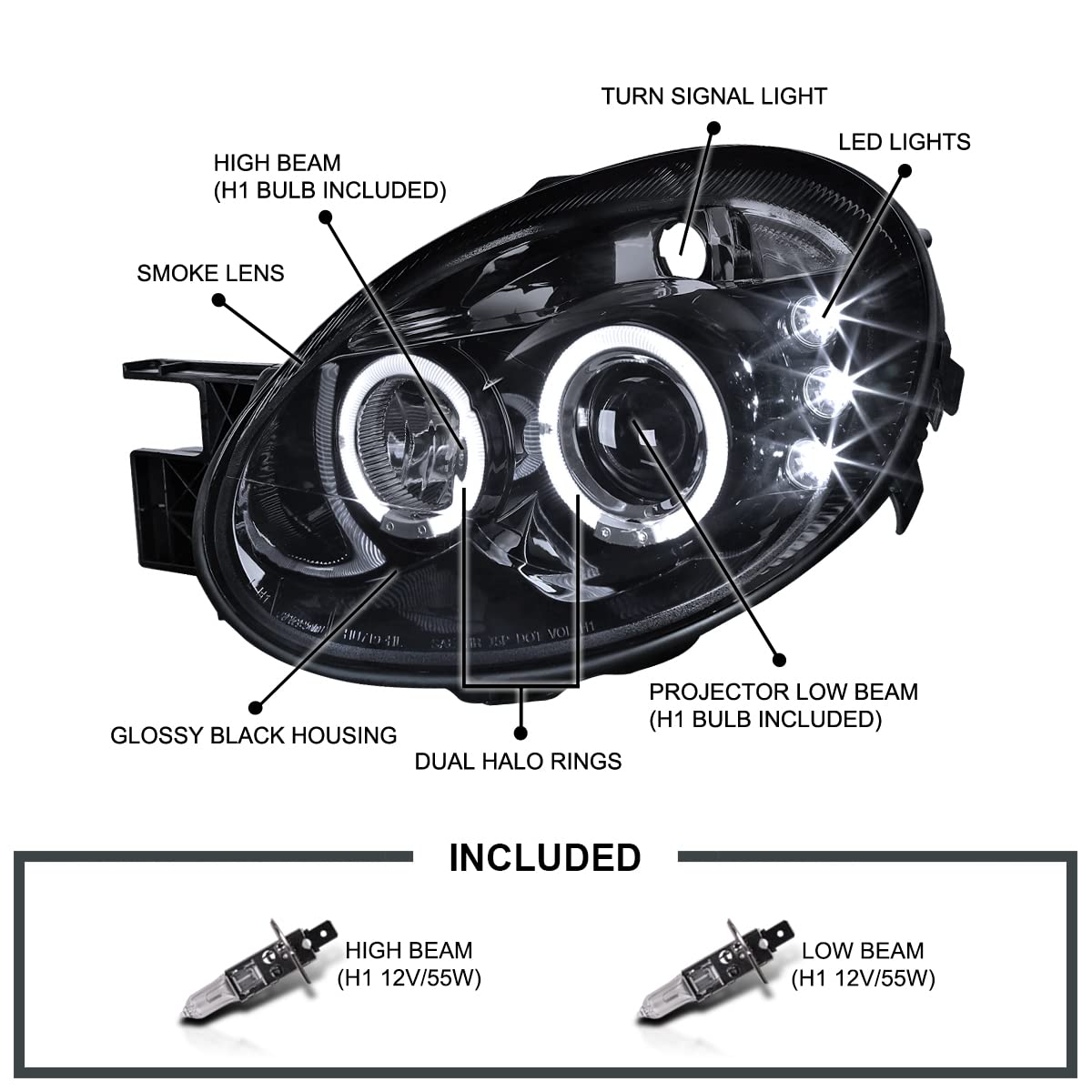 Spec-D Tuning LED Dual Halo Projector Smoked Lens Headlights Glossy Black Housing Compatible with 2003-2005 Dodge Neon Left + Ri