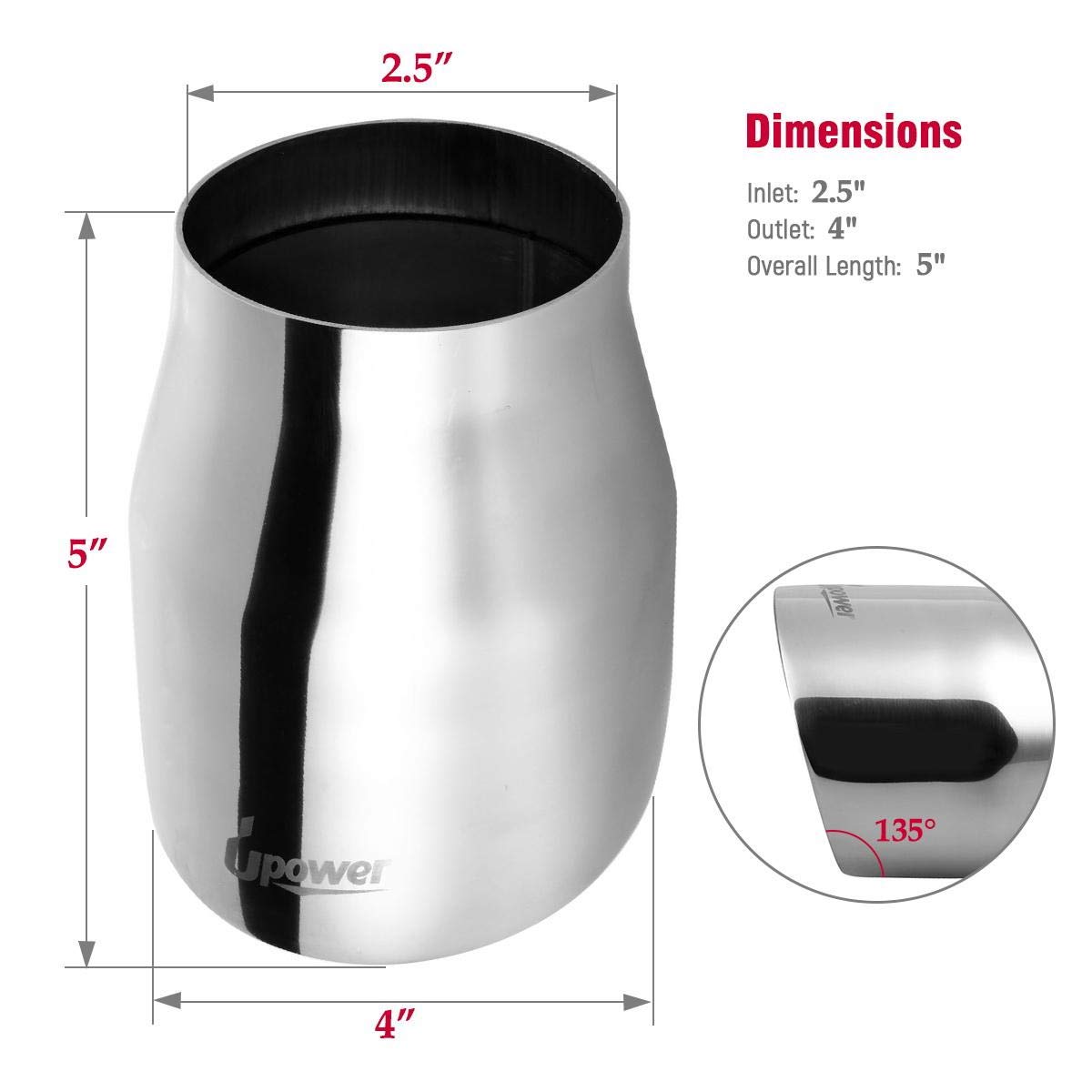 Upower 2.5 Inch Inlet Diesel Exhaust Tip 2.5 '' To 4 '' Exhaust Tailpipe 5 '' Long Double Wall 304 Stainless Steel Weld-On Round