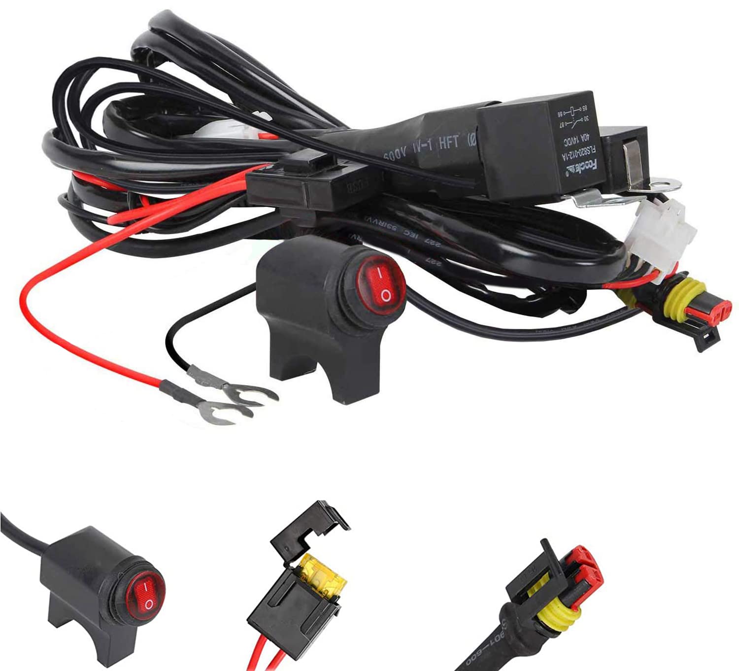 Kairiyard Light Bar Wiring Harness Motorcycle Handlebar Switch 13Ft 14Awg 2 Leads Universal Fog Light Wiring Harness Kit 480W 12V Relay 40A Fuse Relay For Switching Different Light Mode