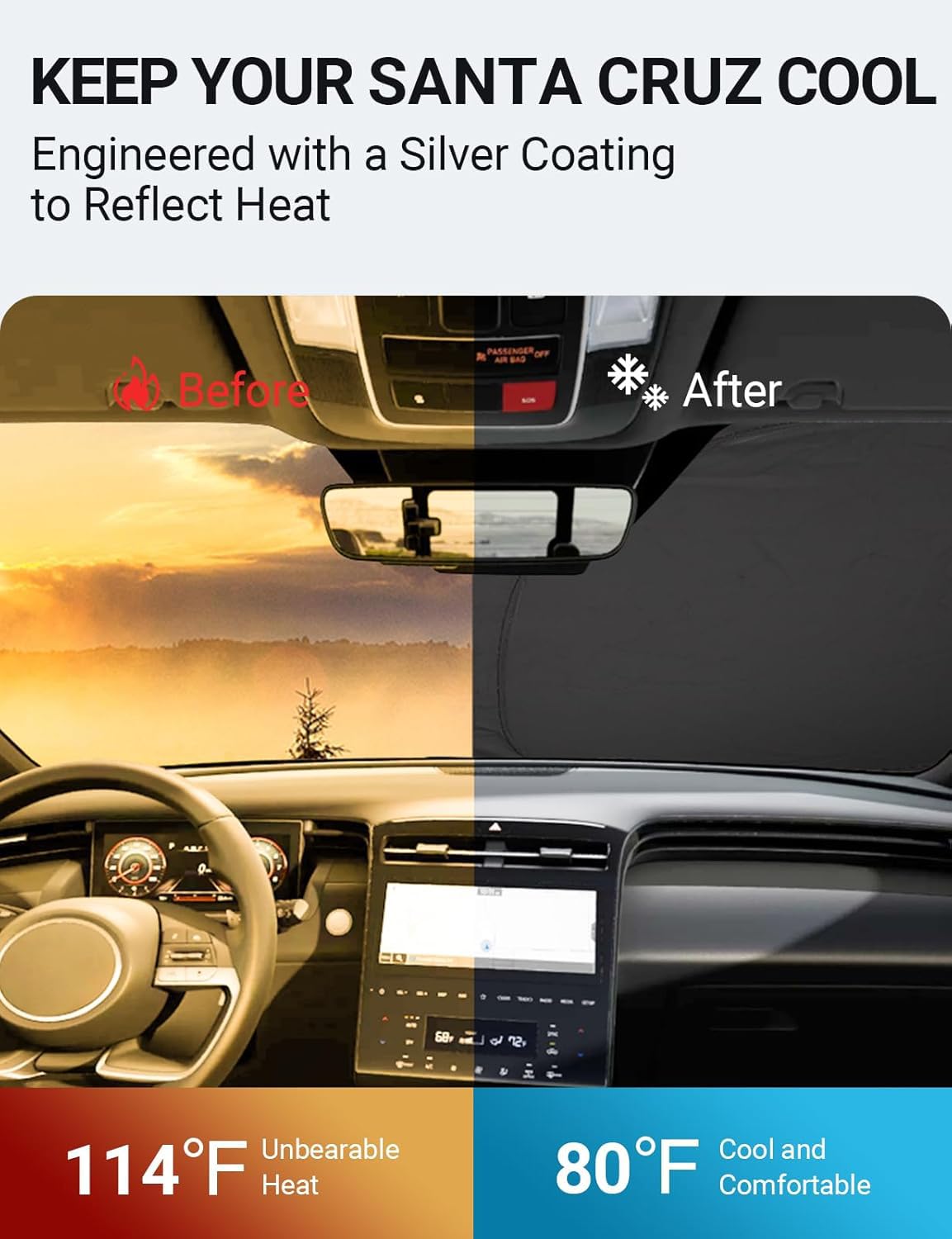 Proadsy 2025 Upgrade Windshield Sun Shade Custom Fit Hyundai Santa Cruz 2022-2024 2025 4-Layer Foldable Front Sunshade Protector