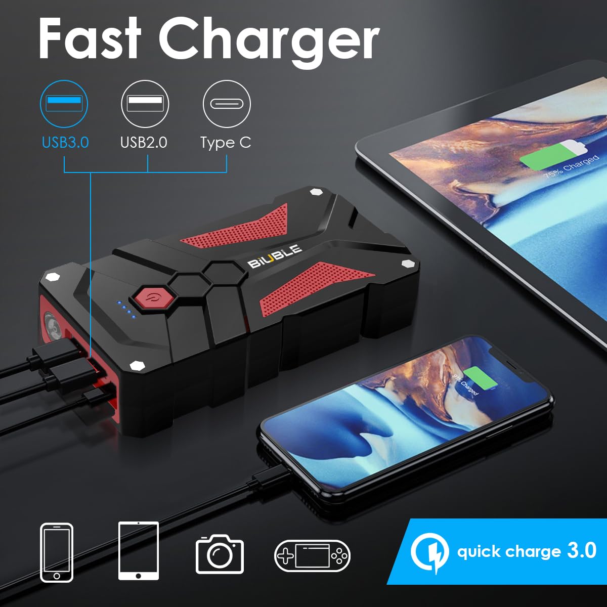 Biuble Jump Starter Car Jump Starter Auto Battery Booster Pack 3000A Peak 12V With Usb Quick Charge 3.0,Lithium Jump Box With Le