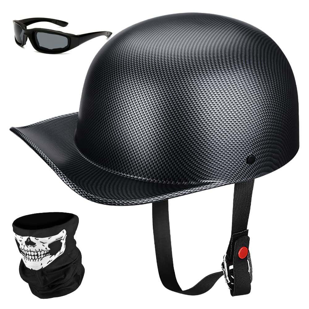 Yesmotor Baseball Motorcycle Helmet Half Cap For Bike Cruiser Chopper Moped Scooter- Dot Approved (Carbon Fiber, L)
