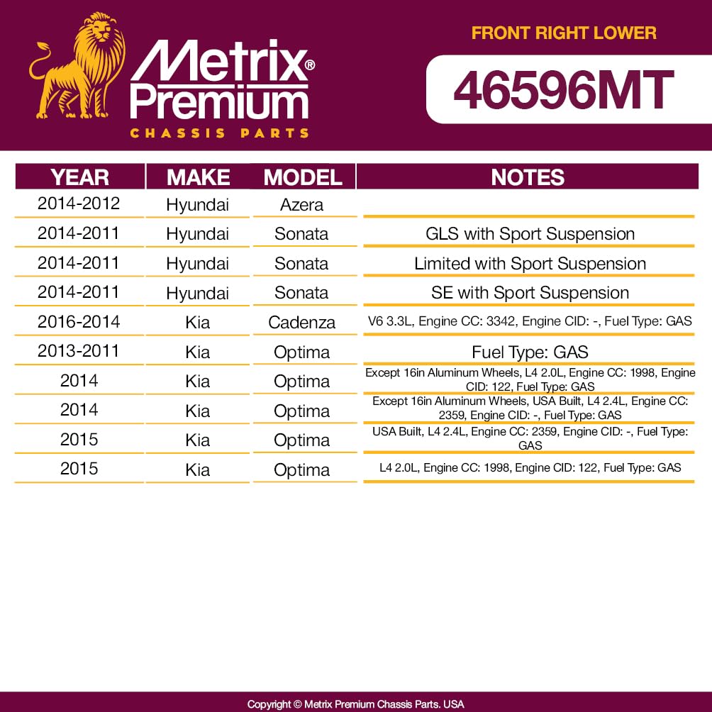 Metrix Premium Chassis Parts - Front Right Lower Control Arm W Ball Joint & Bushing Assembly Fits 12-14 Hyundai Azera, 11-14 Son