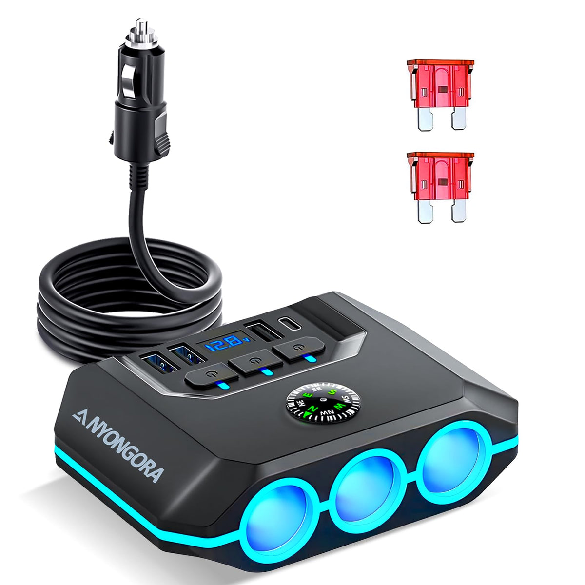 Anyongora Cigarette Lighter Splitter, 120W Car Charger Adapter with USB & PD, 7 in 1 Multi Port Power Plug with Independent Swit