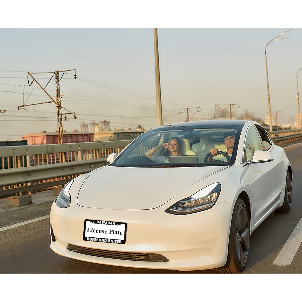 Ofloral Hawaiian Born And Raised Aluminum Alloy License Plate Frame White Words On Black Applicable To Us Standard Car Metal Car
